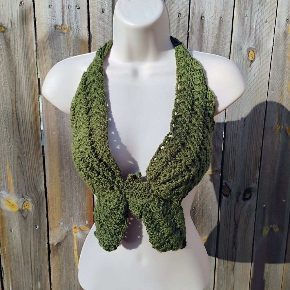 Handmade Crochet Butterfly Crop Top Boho Festival Halter Bralette Green XS-XL
